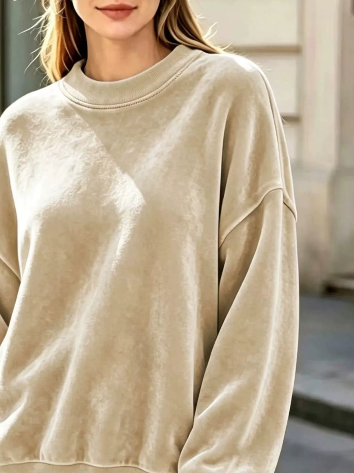 Women's Velvet Crew Neck Dropped Shoulder Sweatshirt in beige — texture detail view