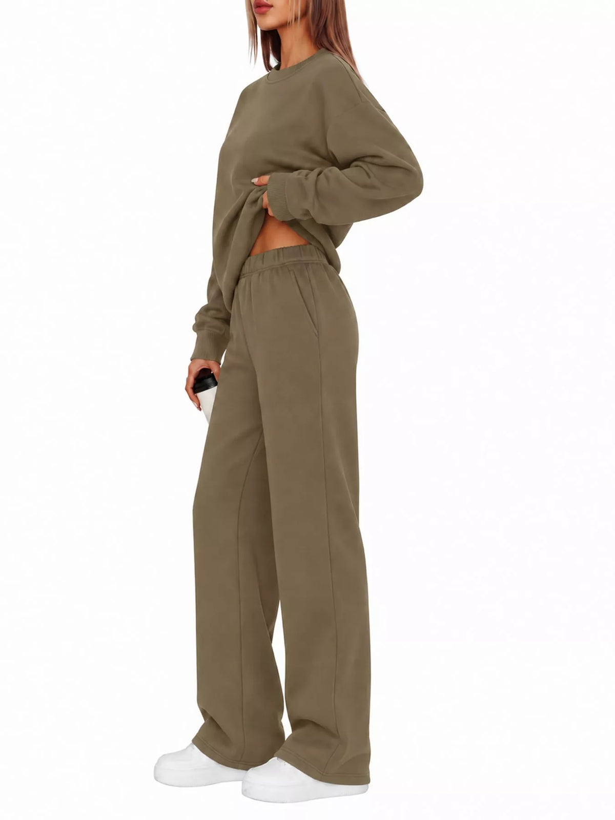 Crewneck Drop Shoulder Sweatshirt and Wide-Leg Pants Set — side view