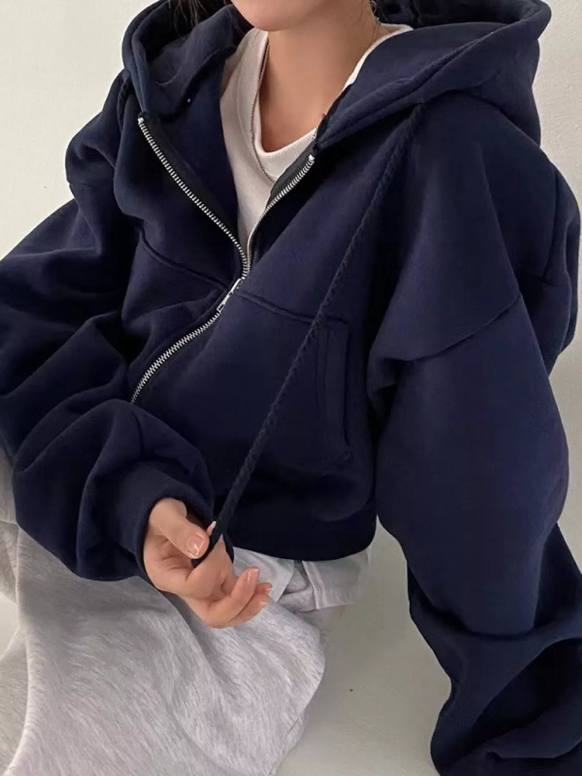 Navy oversized zip-up cropped hoodie
