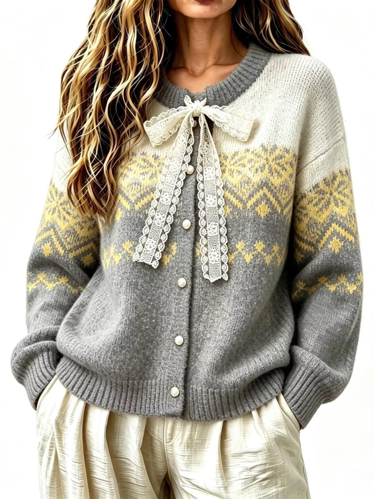 Gray and cream lace tie button-up cardigan