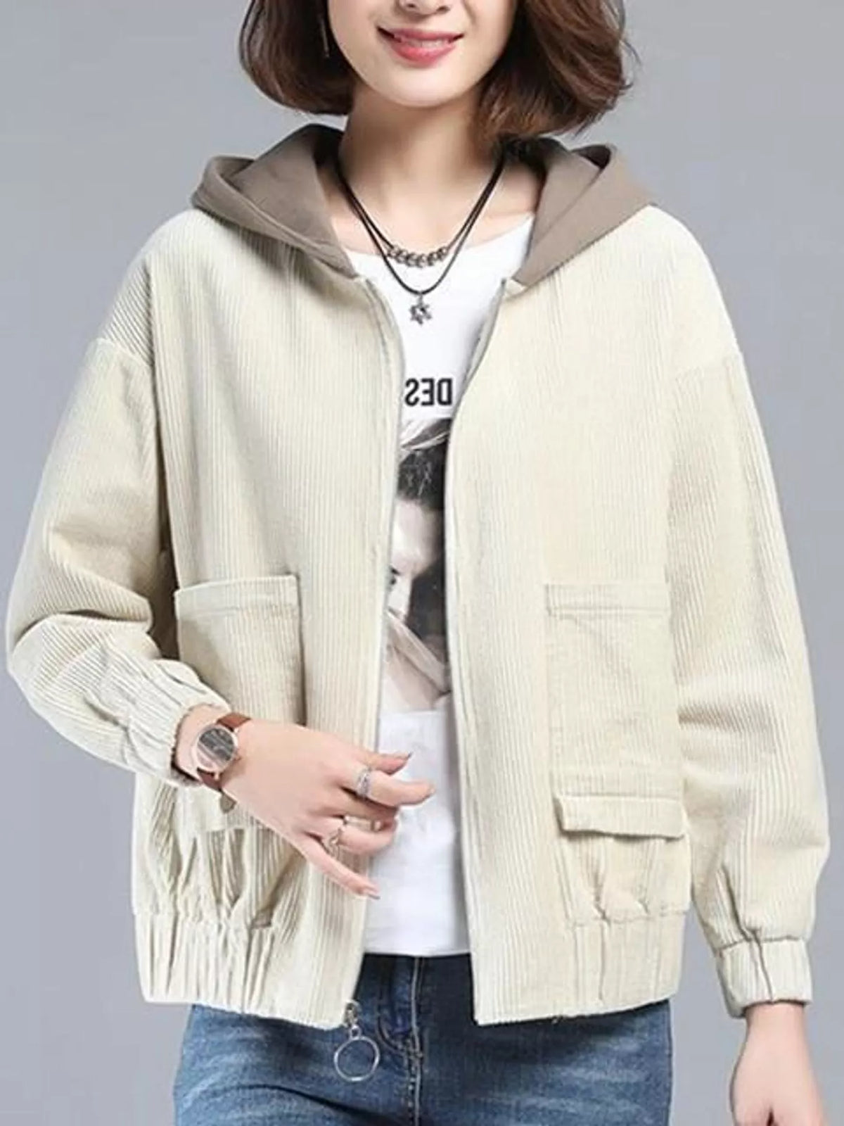 Cream corduroy hooded zip-up jacket — front view