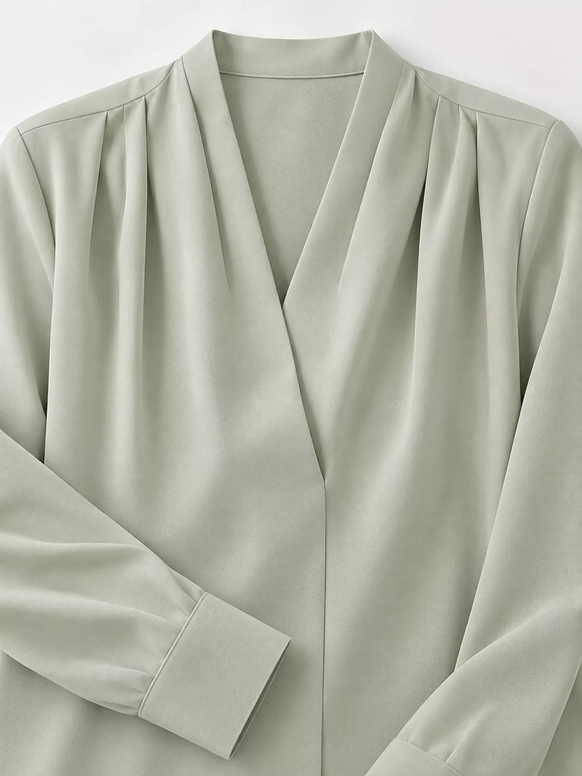 Women's V-Neck Pleated Shoulder Satin Blouse in sage — cuff detail view
