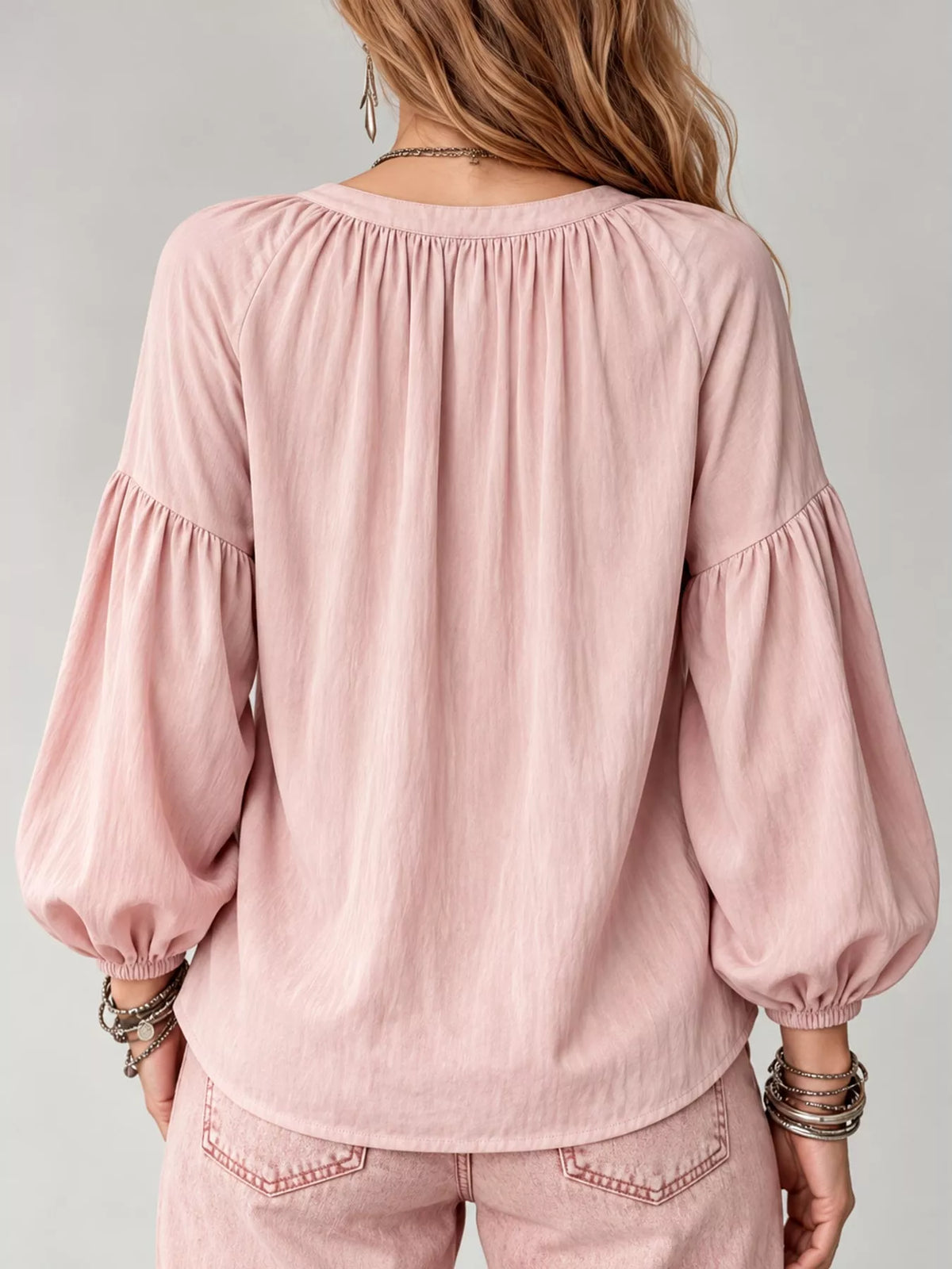 Notched Balloon Sleeve Blouse in pink, back view