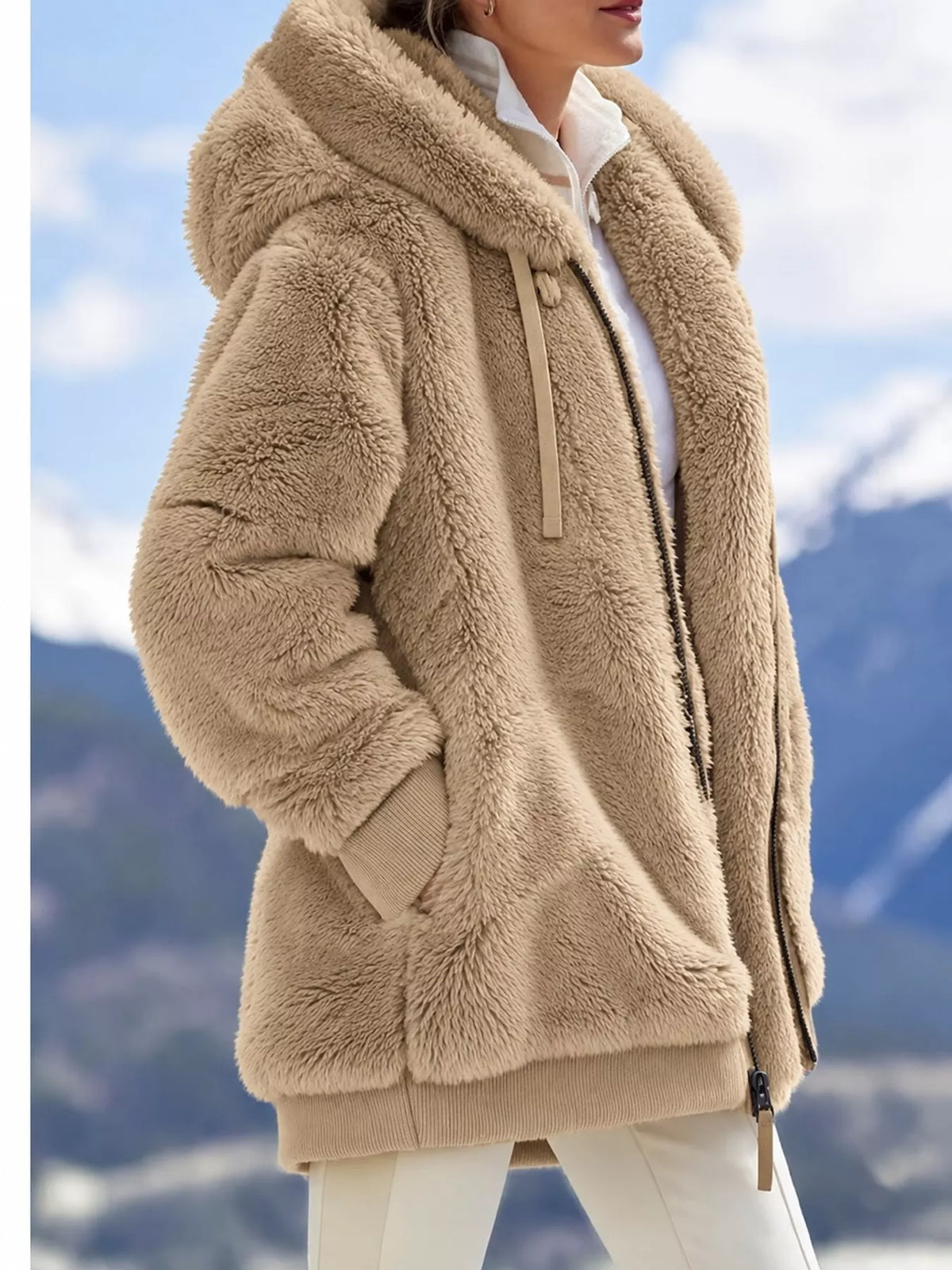 Tan with white hood trim faux fur zip up hooded jacket, side view