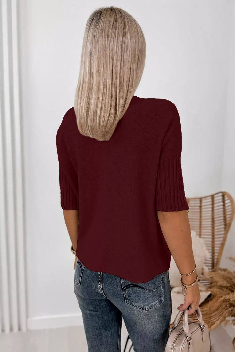 Women's Mock Neck Half Sleeve Ribbed Sweater in Burgundy, alternate view