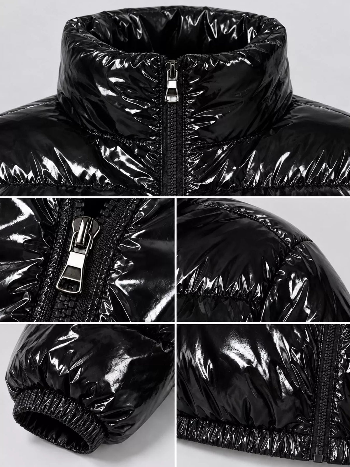 Glossy Stand-Collar Zip-Up Puffer Jacket — garment construction details