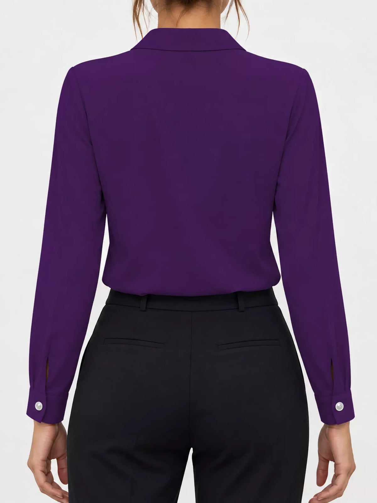 Women's Collared Clasp Detail Long Sleeve Satin Blouse in purple — back view