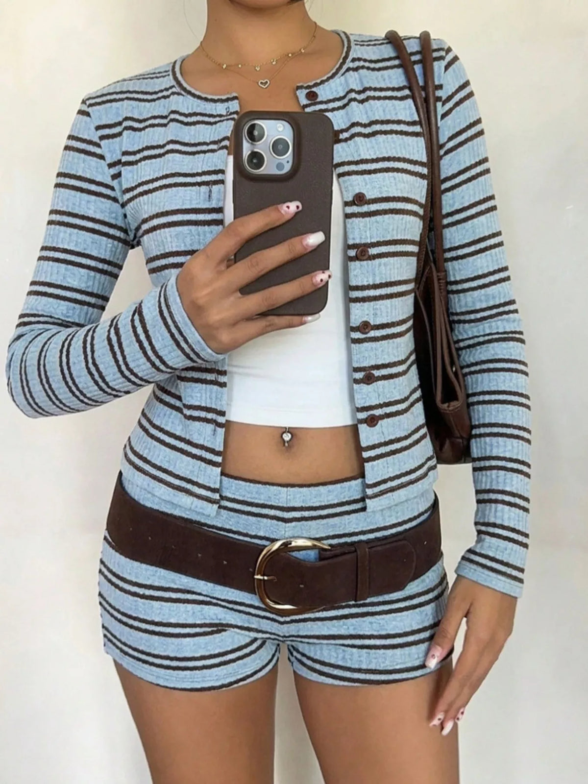 Striped cardigan and shorts set in light blue, cardigan worn open
