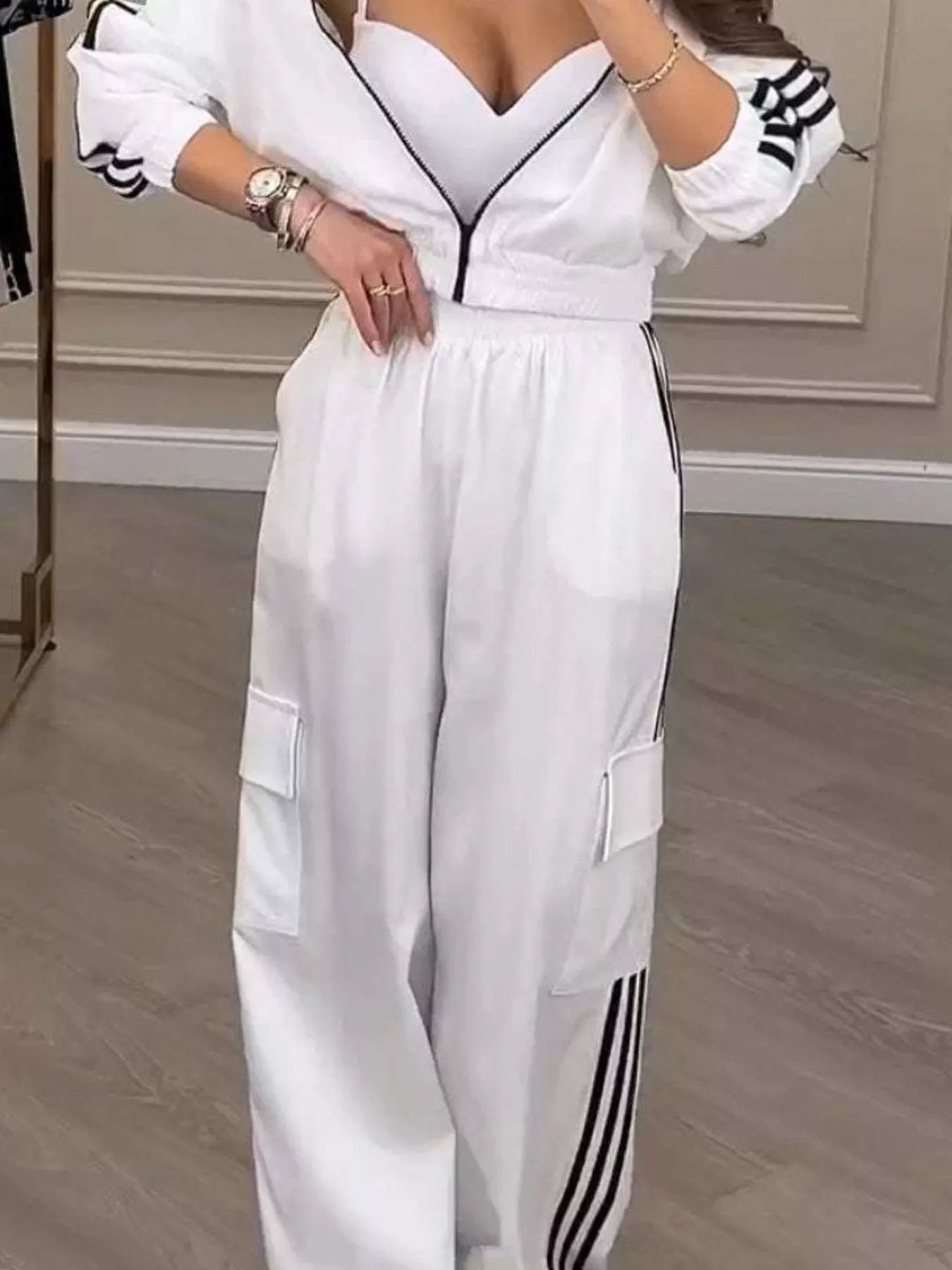 Trendsi Full Size Side Striped Zip Up Outerwear and Pants Set Plus Size -
