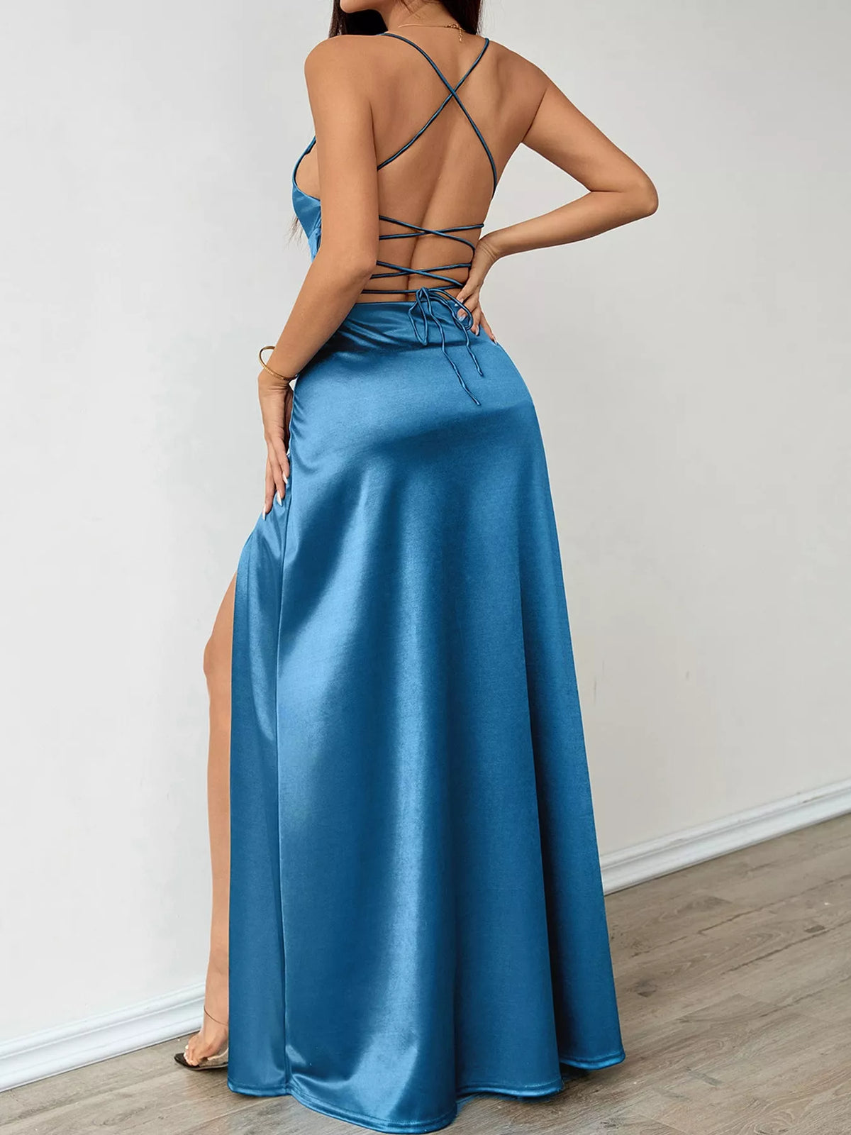 Lace-Up Back Slit Maxi Dress — back view
