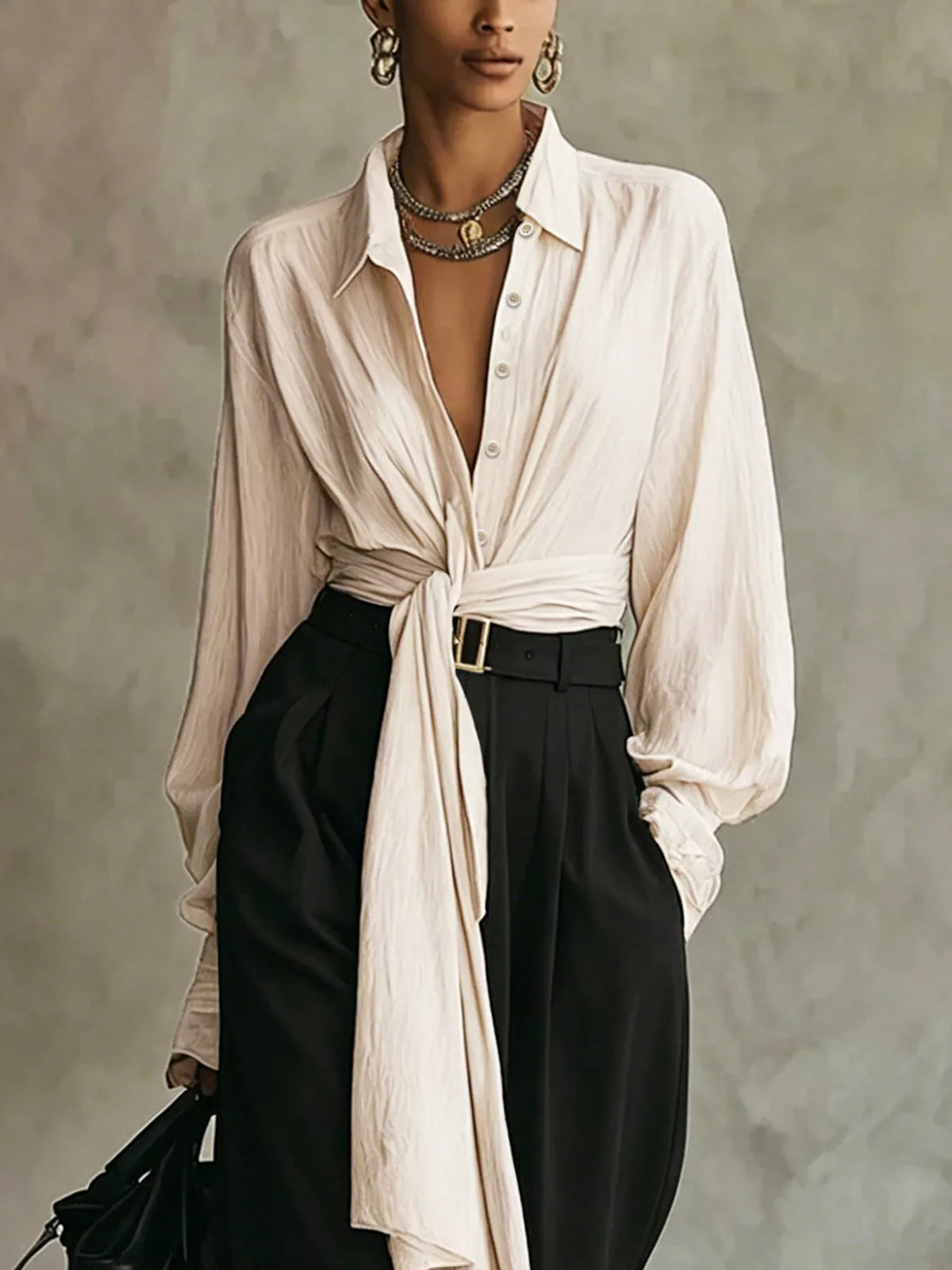 Apricot Tie-Front Shirt and Wide-Leg Pants Set close-up view