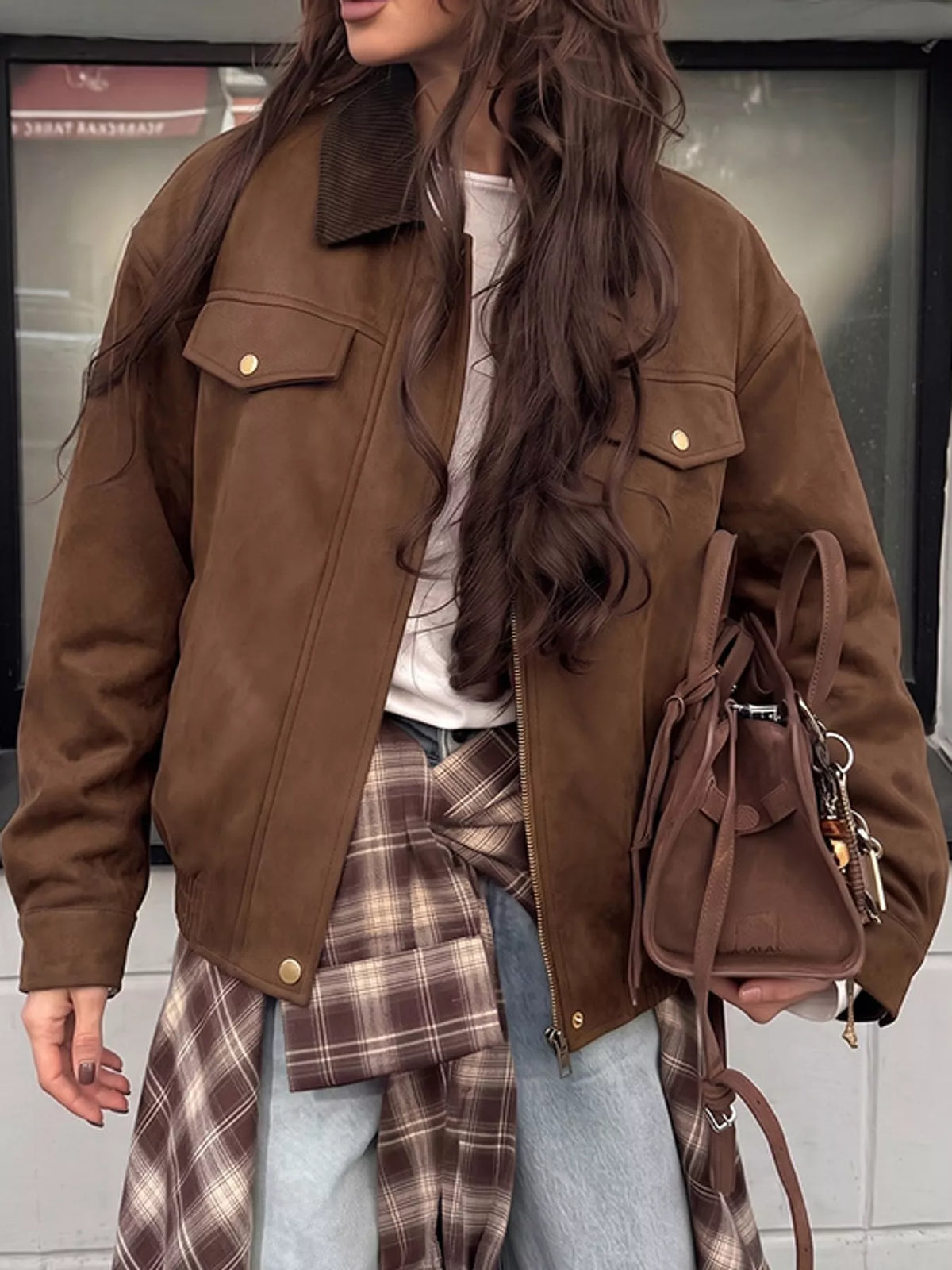 Brown zip-up dropped shoulder jacket — front view