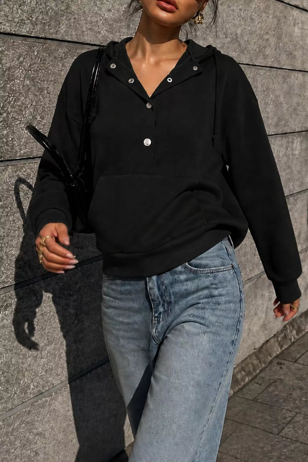 Women's Half Snap Kangaroo Pocket Hoodie in Black, back view