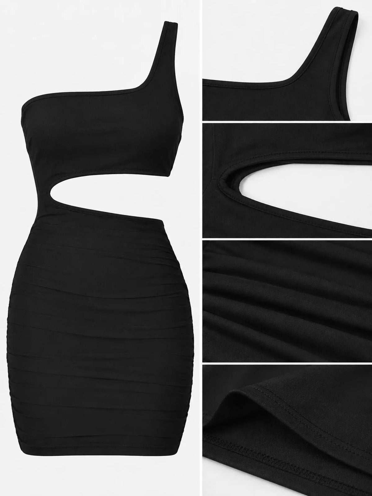 One-shoulder cutout dress, black detail collage