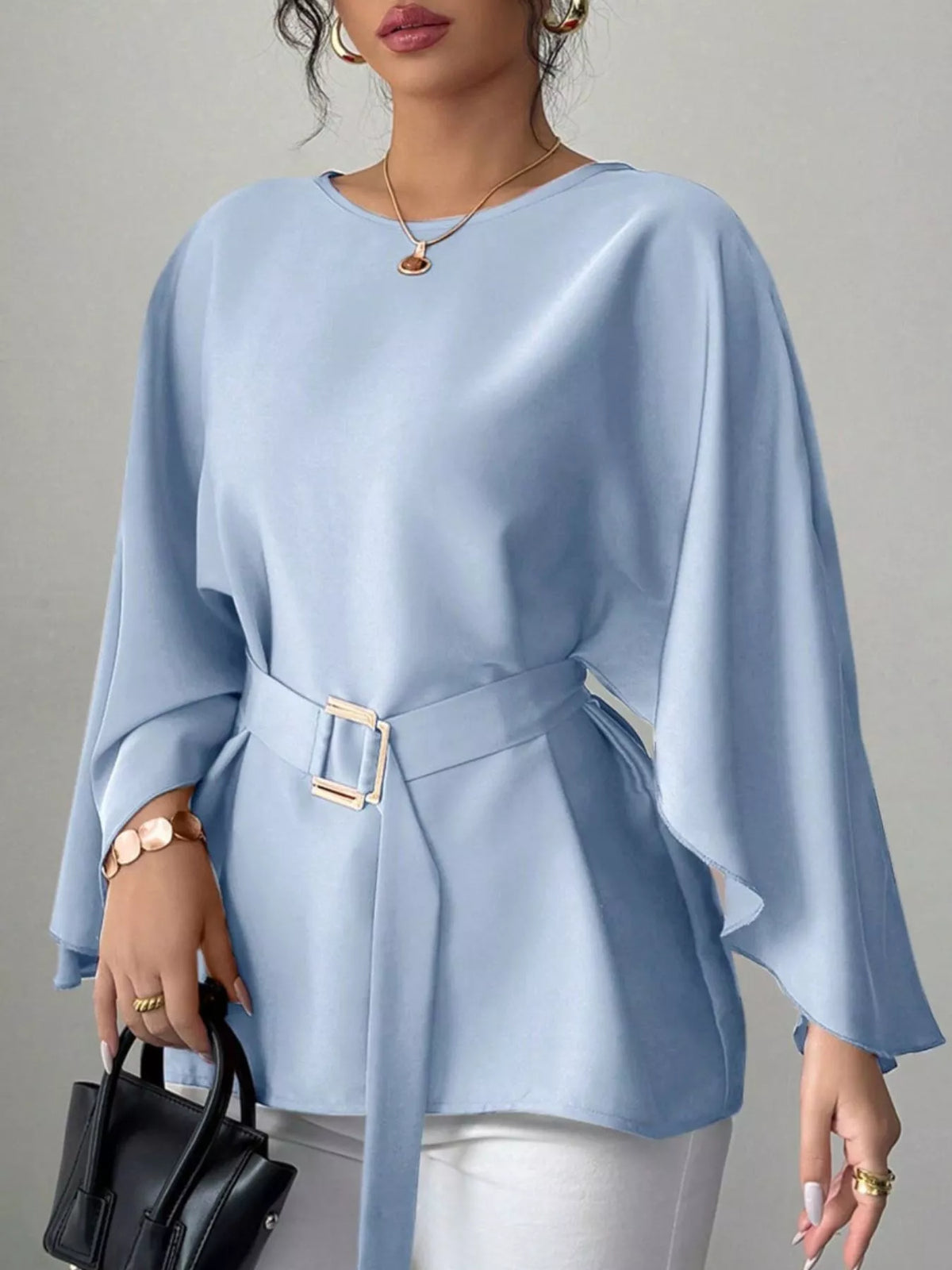 Round-neck belt batwing-sleeve blouse