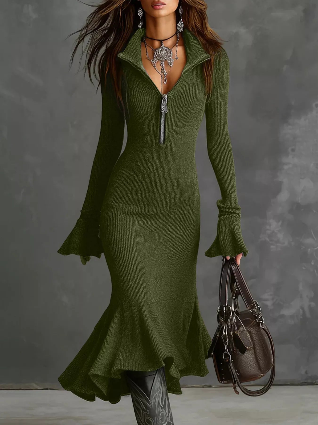 Trendsi Full Size Quarter-Zip Mermaid Hem Knit Dress Plus Size -