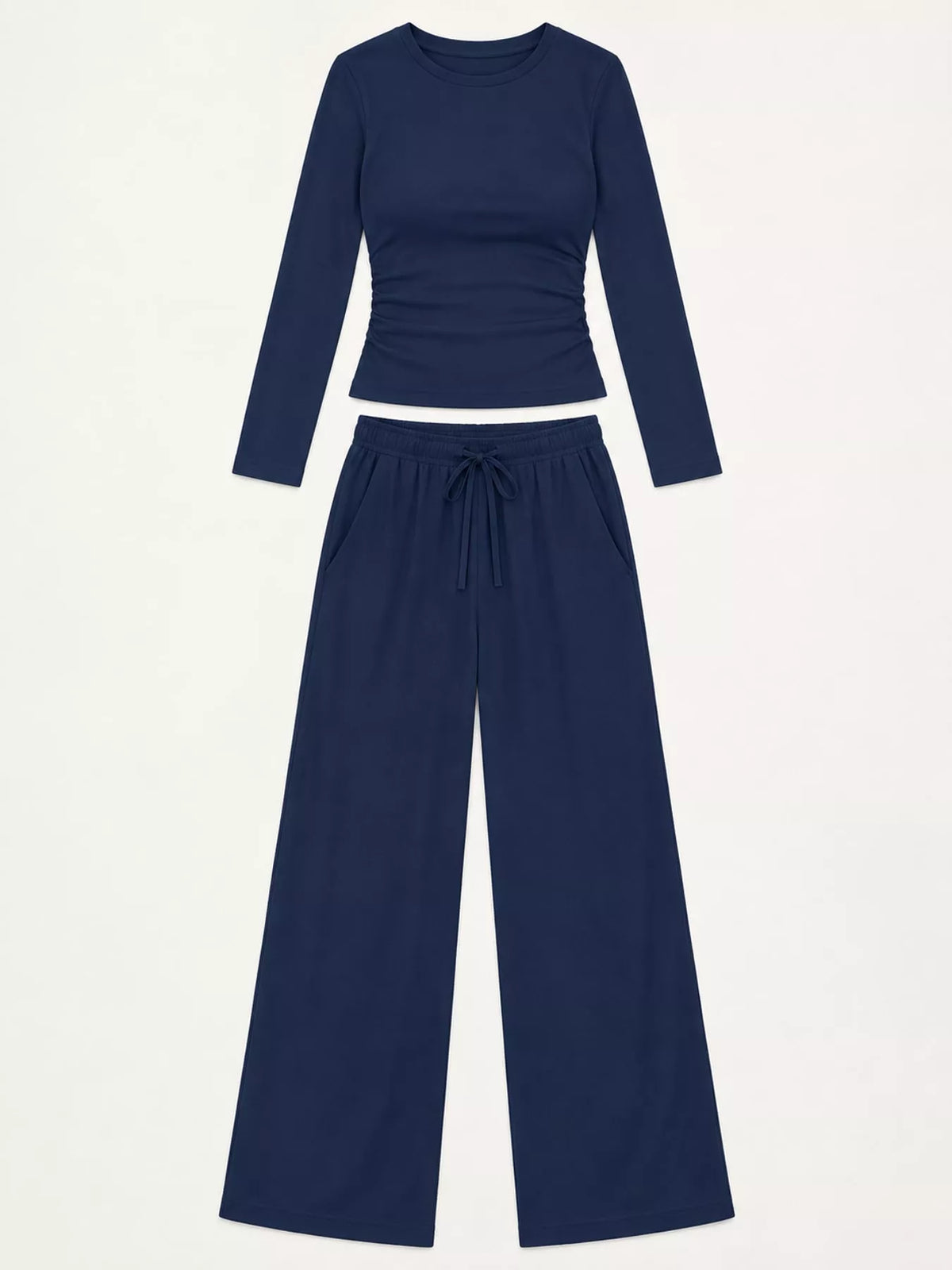 Long Sleeve Top and Wide-Leg Drawstring Pants Set — garment front