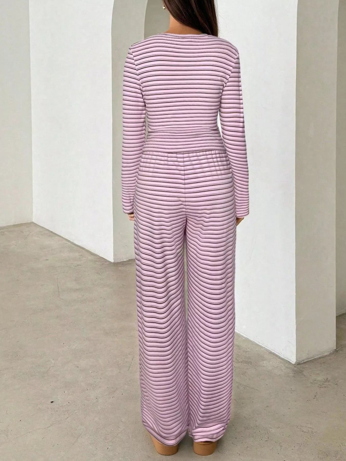 Trendsi Striped Long Sleeve Crop Top and Wide Leg Pants Two-Piece Set -