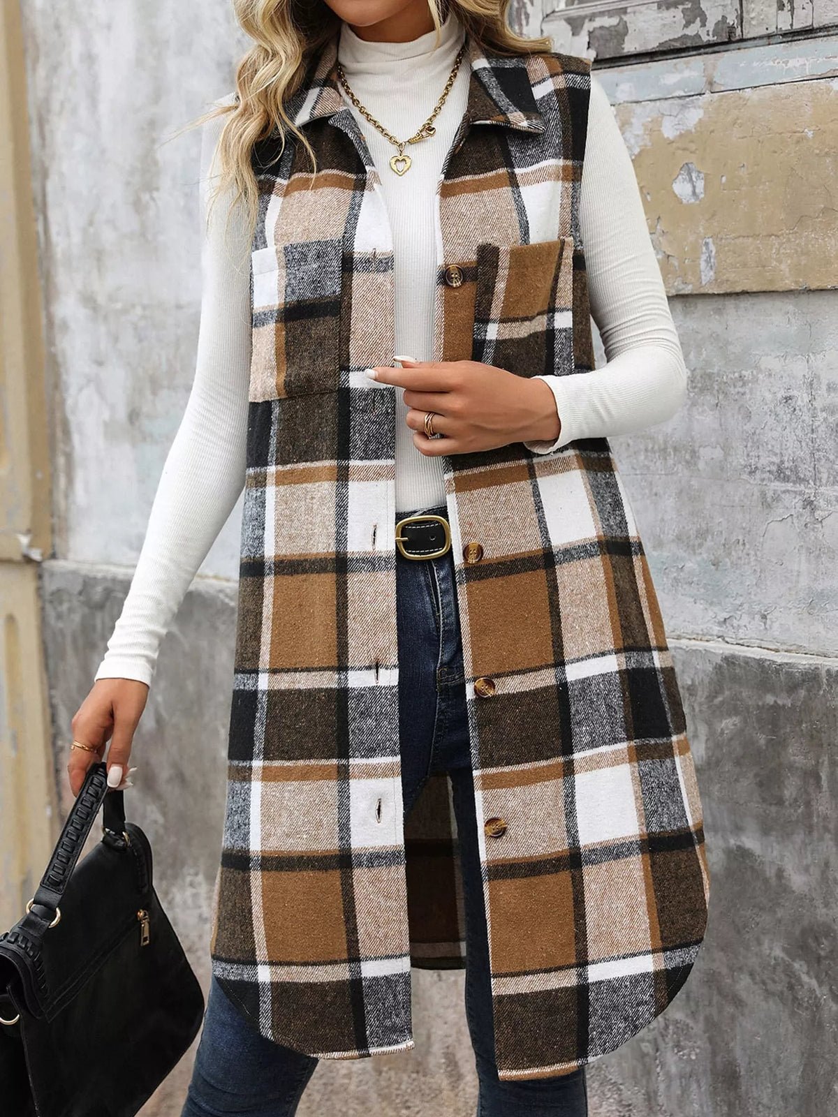 Longline Plaid Button-Down Vest Coat in brown, black and white