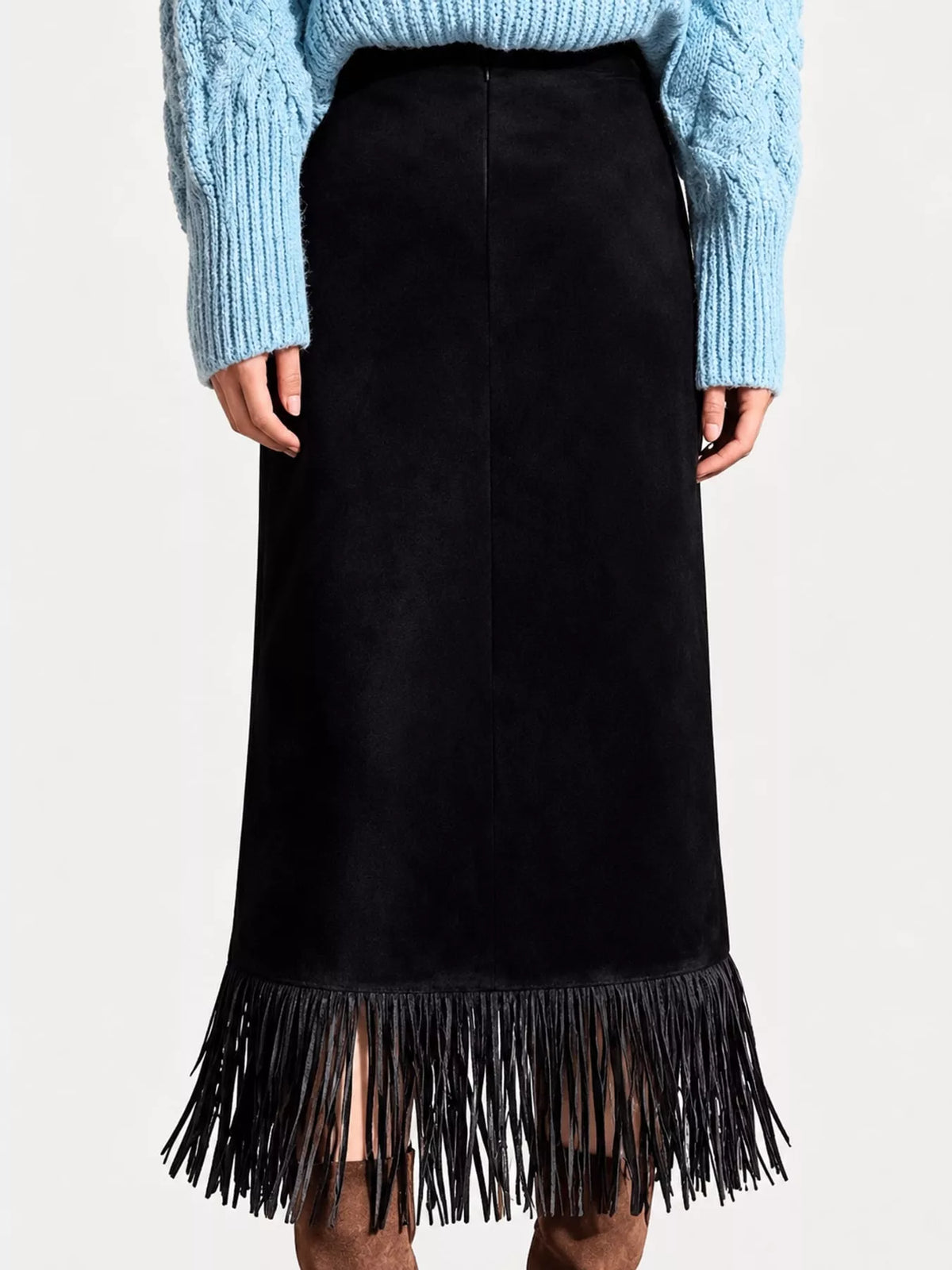 Black fringe midi skirt