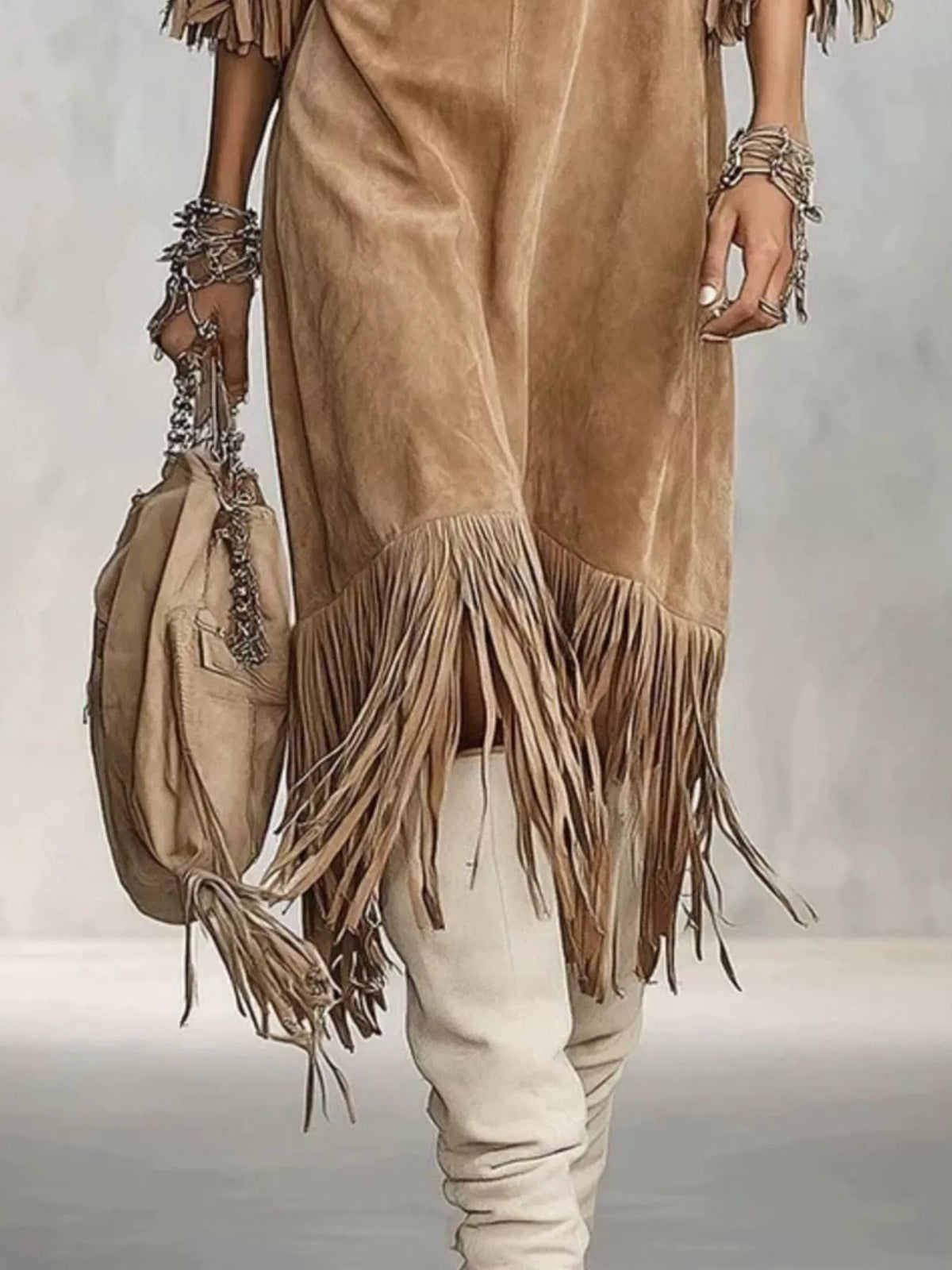 Tan fringed asymmetric-hem midi dress, fringed hem detail