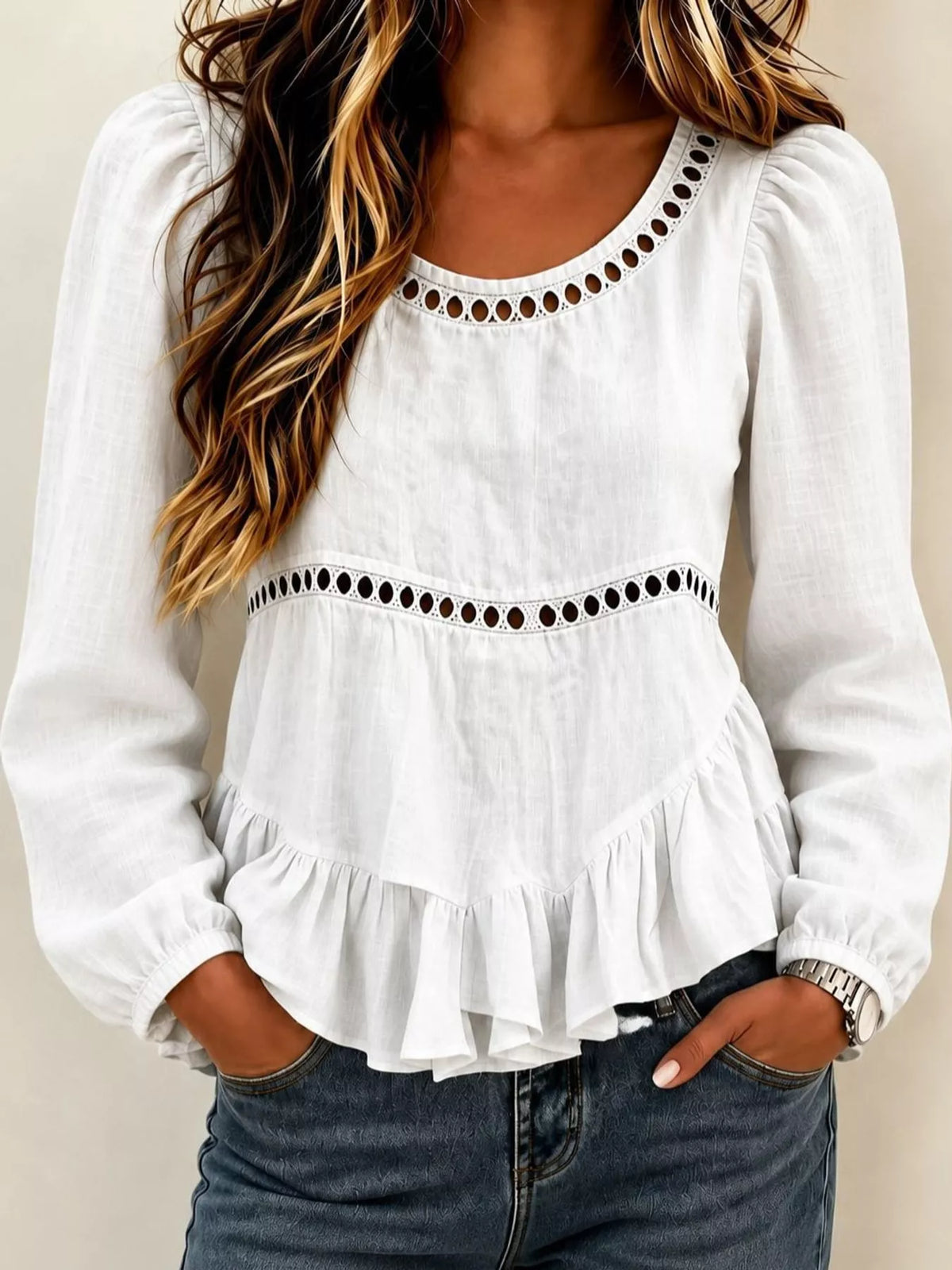 Women's Long Sleeve Blouse with Eyelet Lace Trim and Ruffled Hem in white — front view