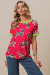 Trendsi BiBi Big Tiger Print Jersey Contrast Ringer Top - Shirts