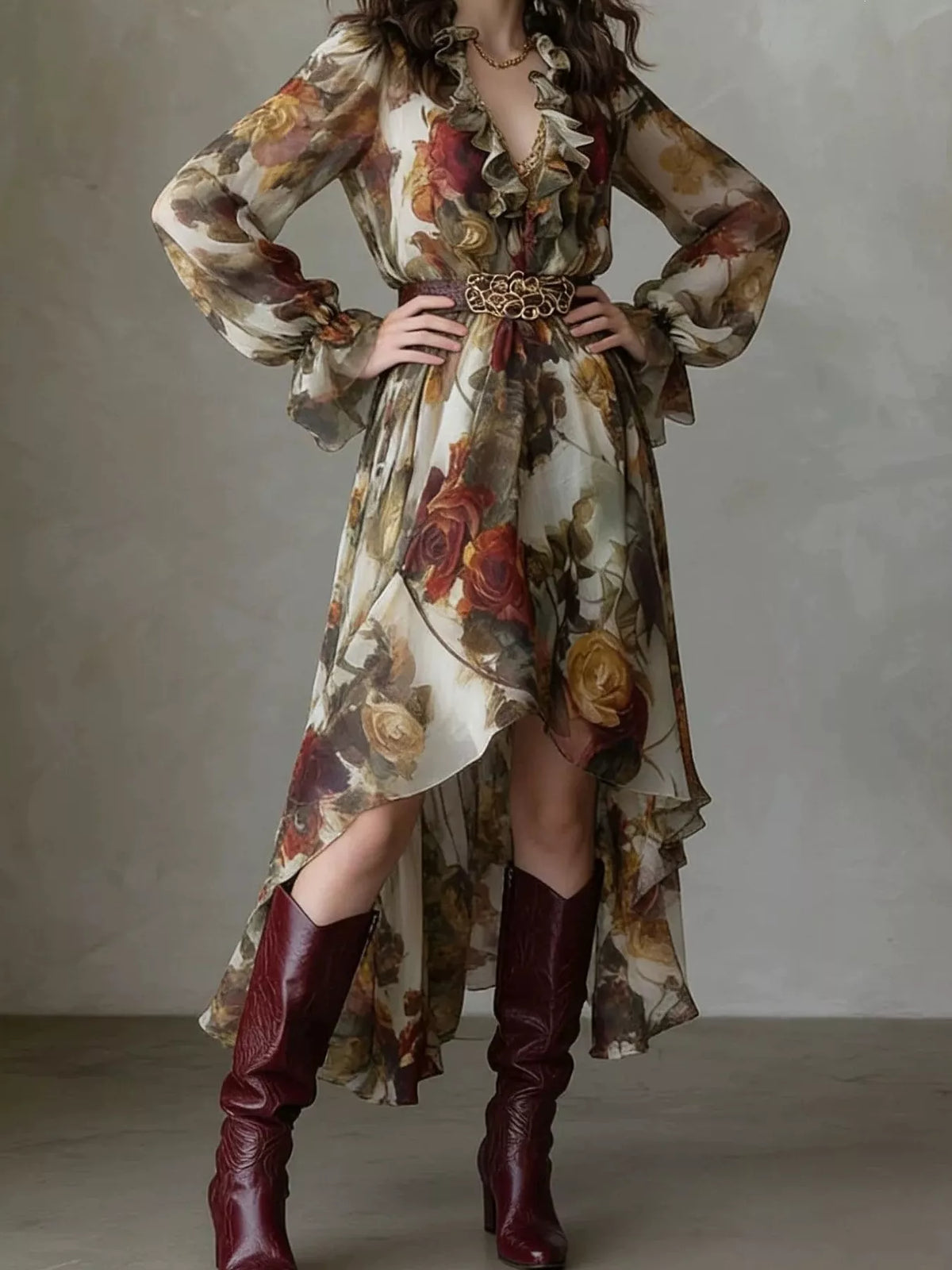 Women's Floral Print Ruffle Trim High-Low Chiffon Maxi Dress in Floral, back view