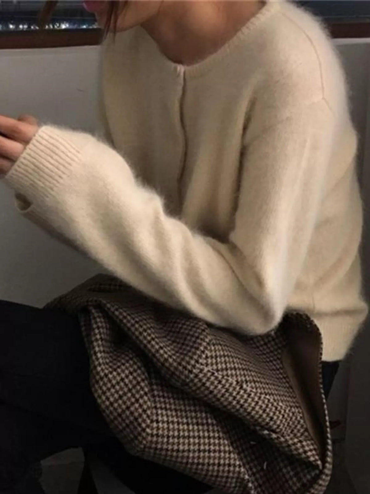 Women's Crew Neck Button-Down Knit Cardigan in cream — front view