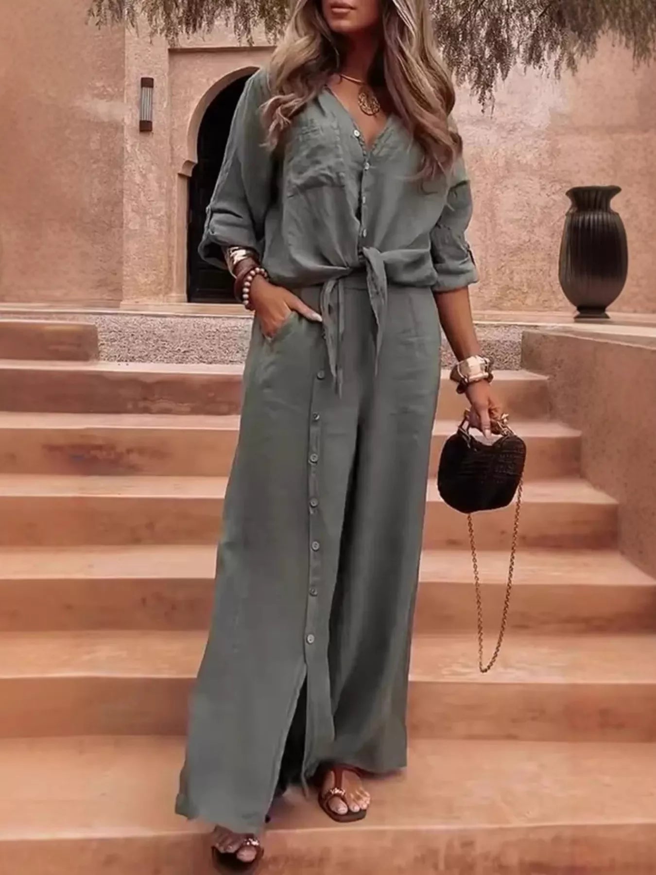 Trendsi Full Size Tie-Front Shirt and Button-Down Wide-Leg Pants Set Plus Size -