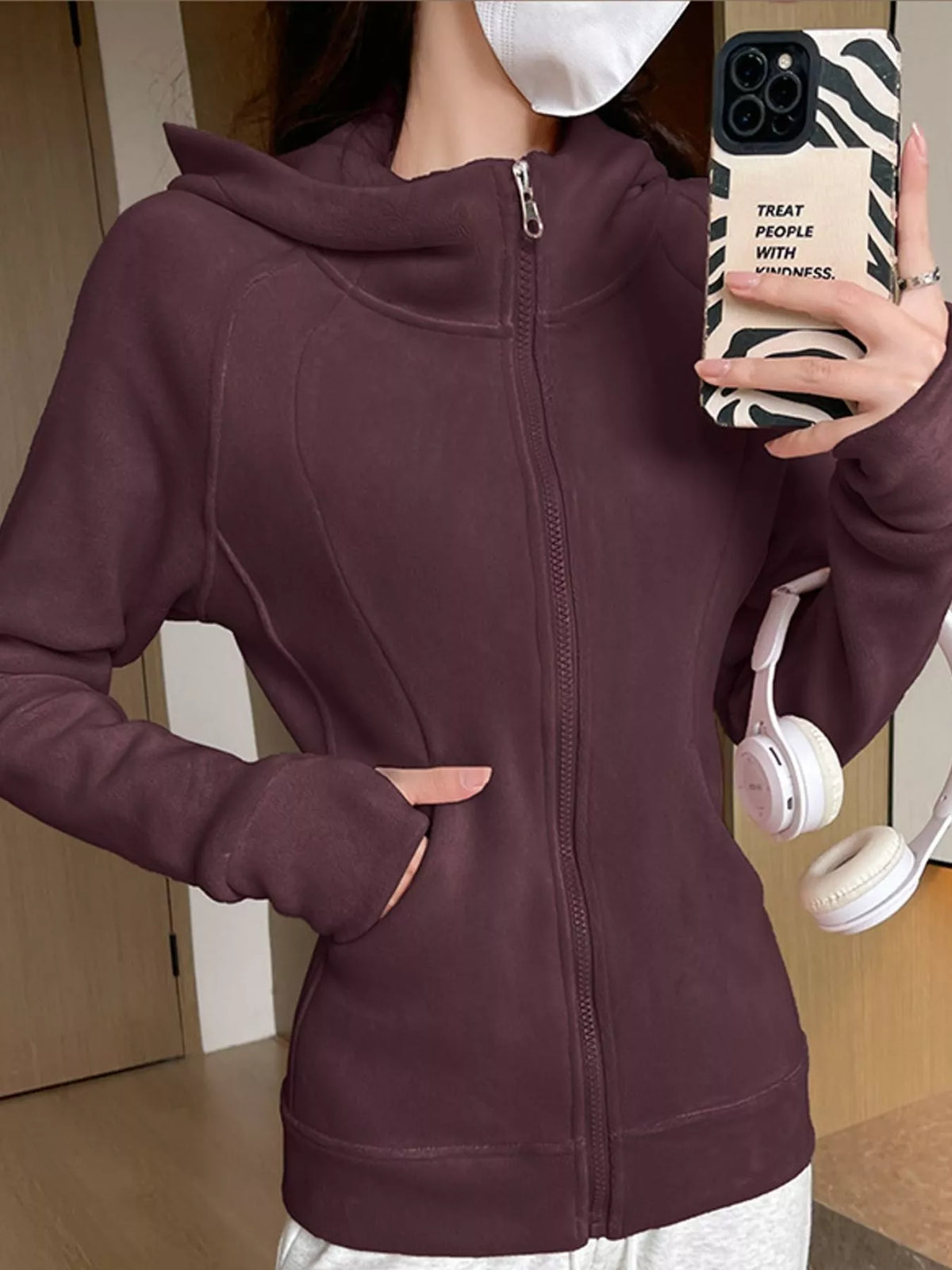 Slim-Fit Full-Zip Thumb Hole Long Sleeve Hoodie with Pockets — front view