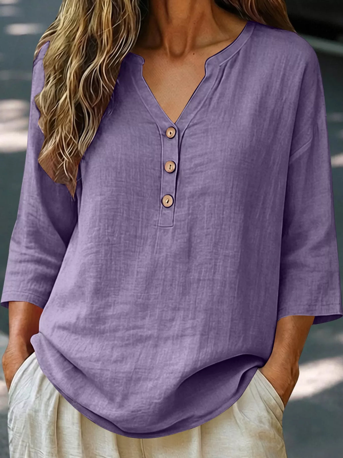 Button Notched 3/4 Sleeve Blouse in purple, front view