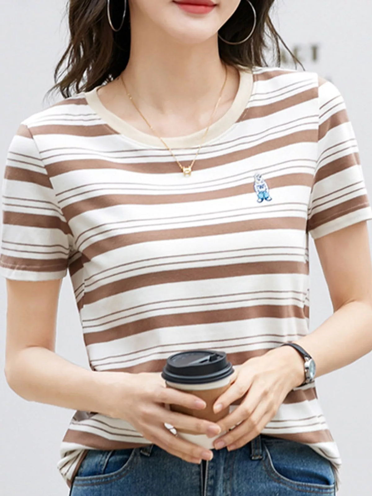 Coffee - Striped striped crew neck embroidered t-shirt