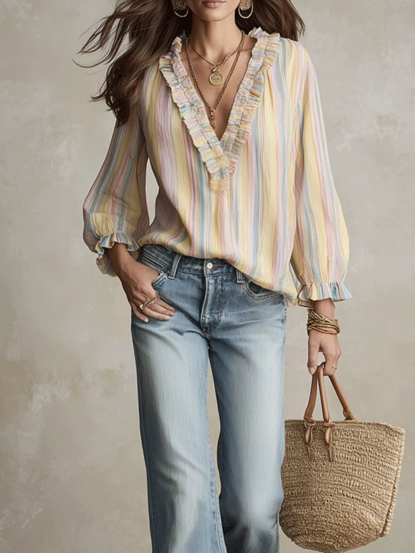 Trendsi Striped Ruffle-Trim V-Neck Blouse -