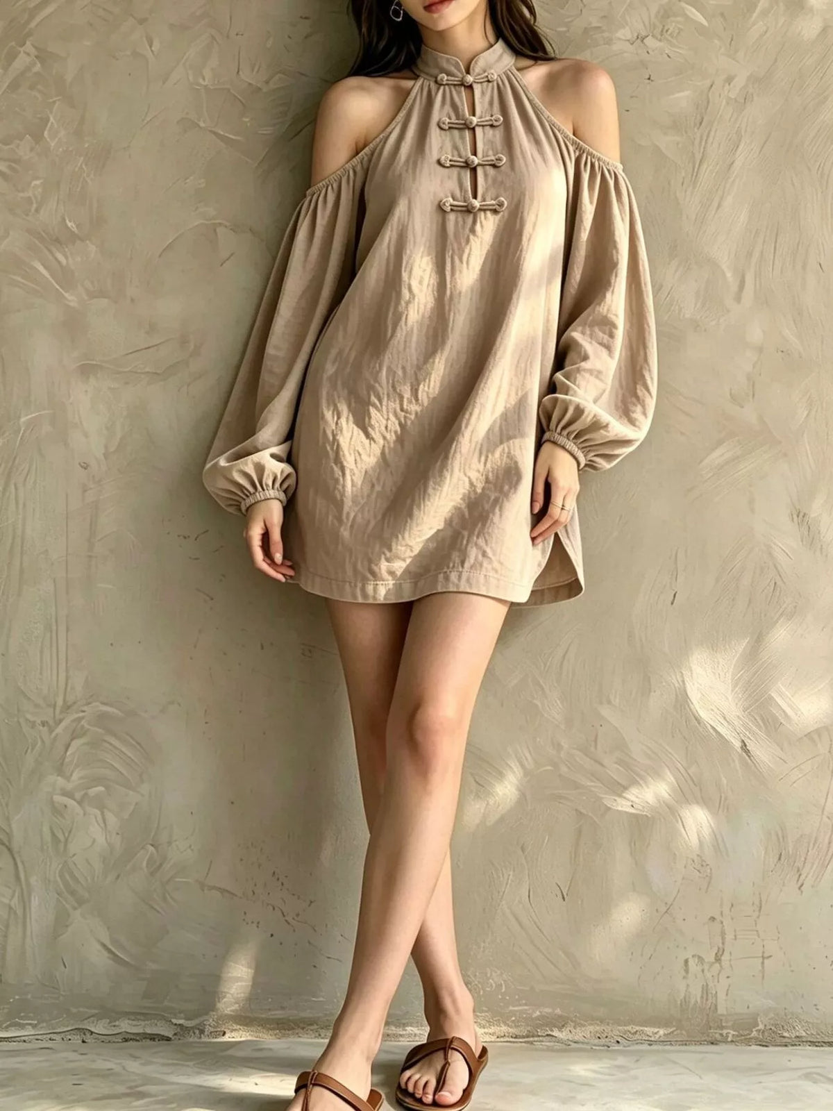 Trendsi Cold-Shoulder Balloon Sleeve Mini Dress -
