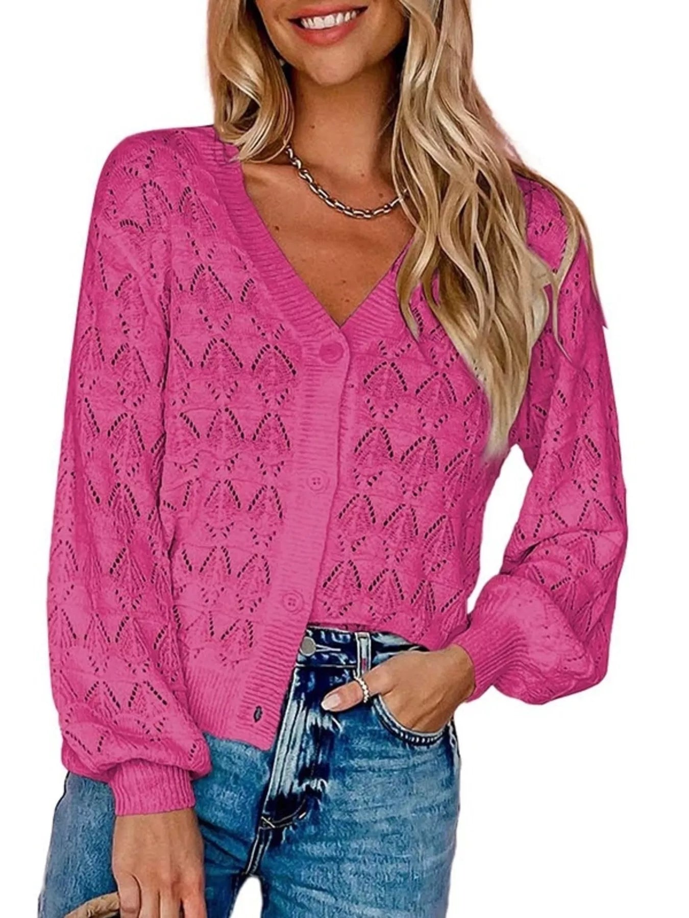 Trendsi Chic V-Neck Openwork Button-Down Knit Cardigan -