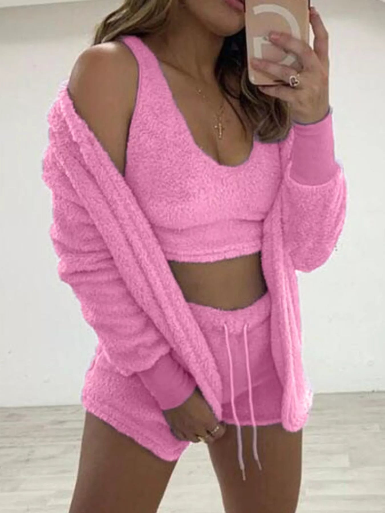 Trendsi Full Size Fuzzy Tank & Cardigan and Shorts Three-Piece Set Plus Size -