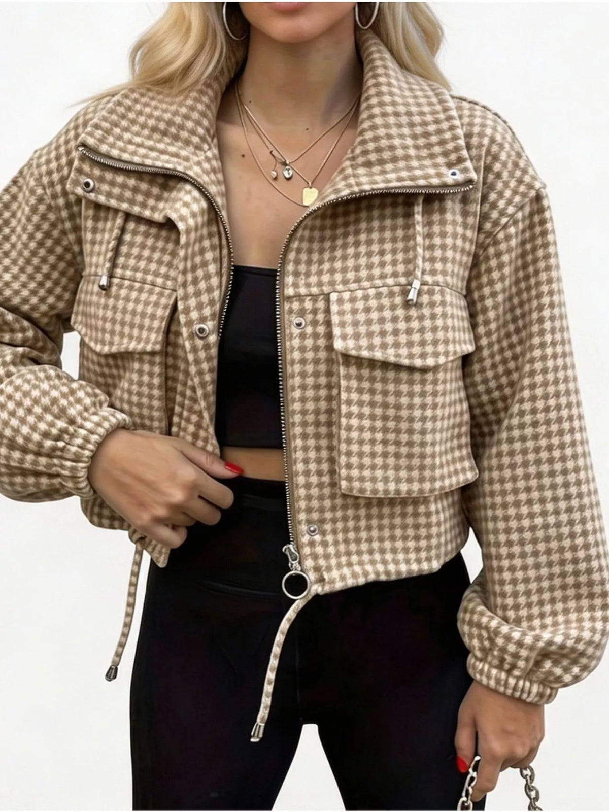 Apricot plaid cropped zip-up jacket