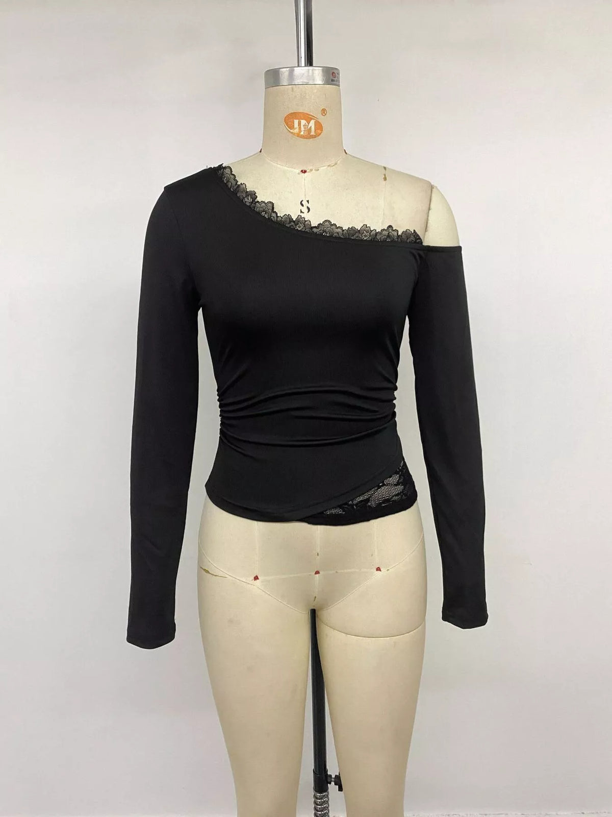 Trendsi One-Shoulder Lace Trim Slim Fit T-Shirt -