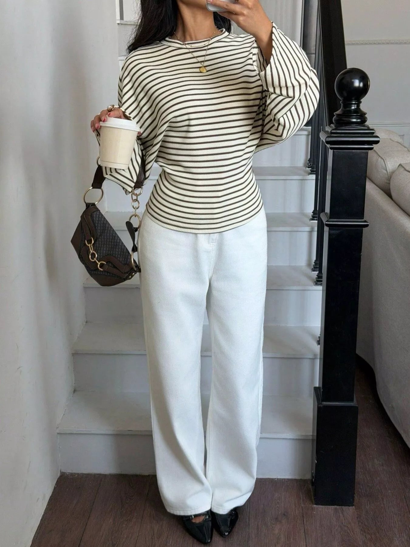 Trendsi Casual Striped Batwing Sleeve T-Shirt -