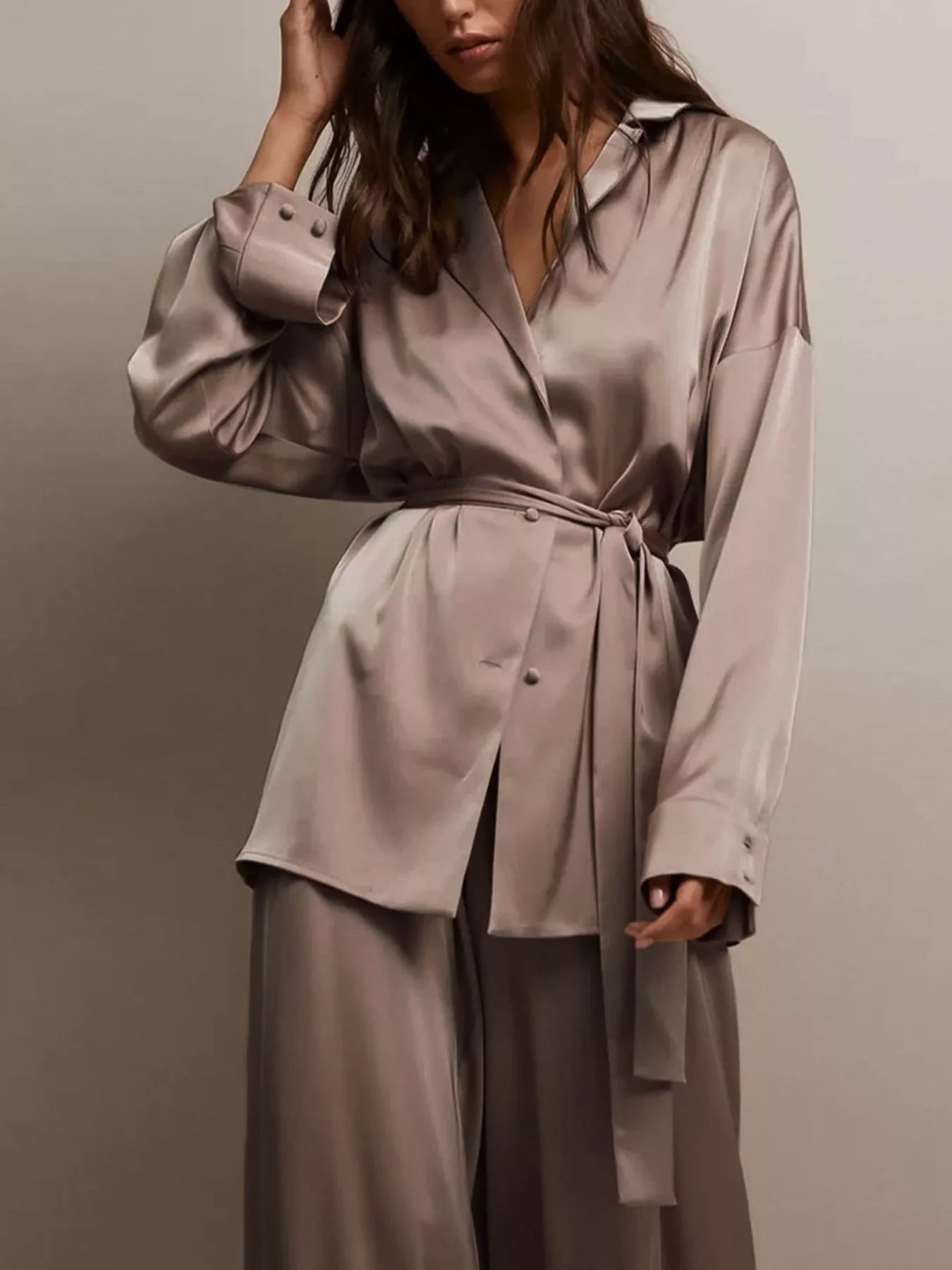Trendsi Satin Long Sleeve Shirt and Pants Set -