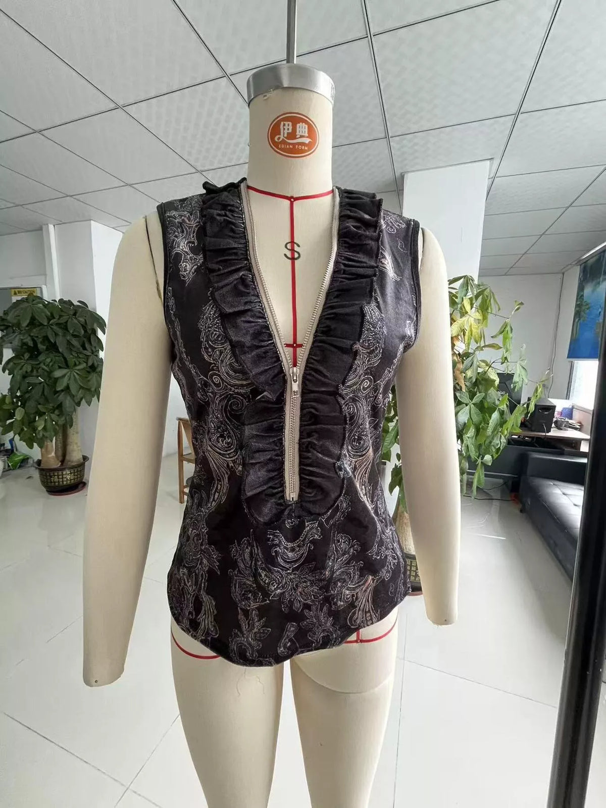 Black Paisley Print Ruffled Zip Front Tank mannequin front view