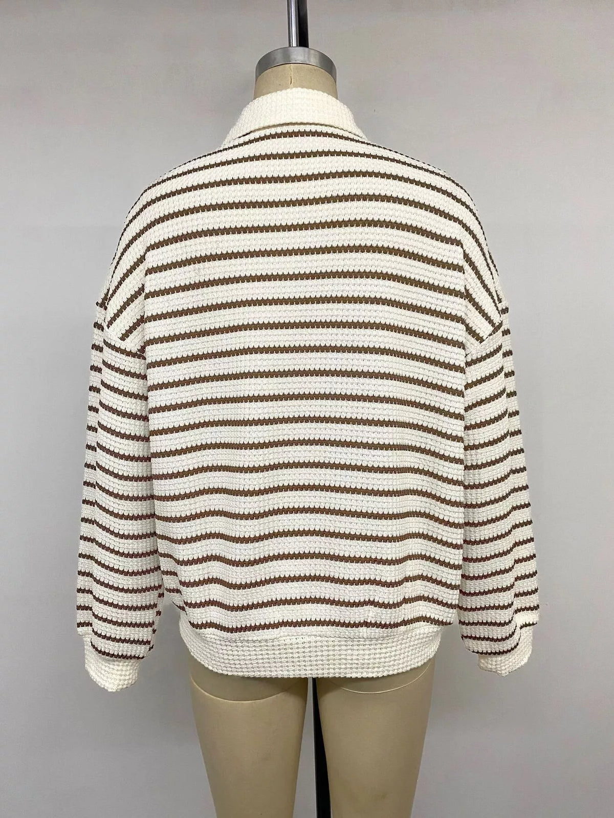 Trendsi Striped Polo Collar Knit Sweatshirt -