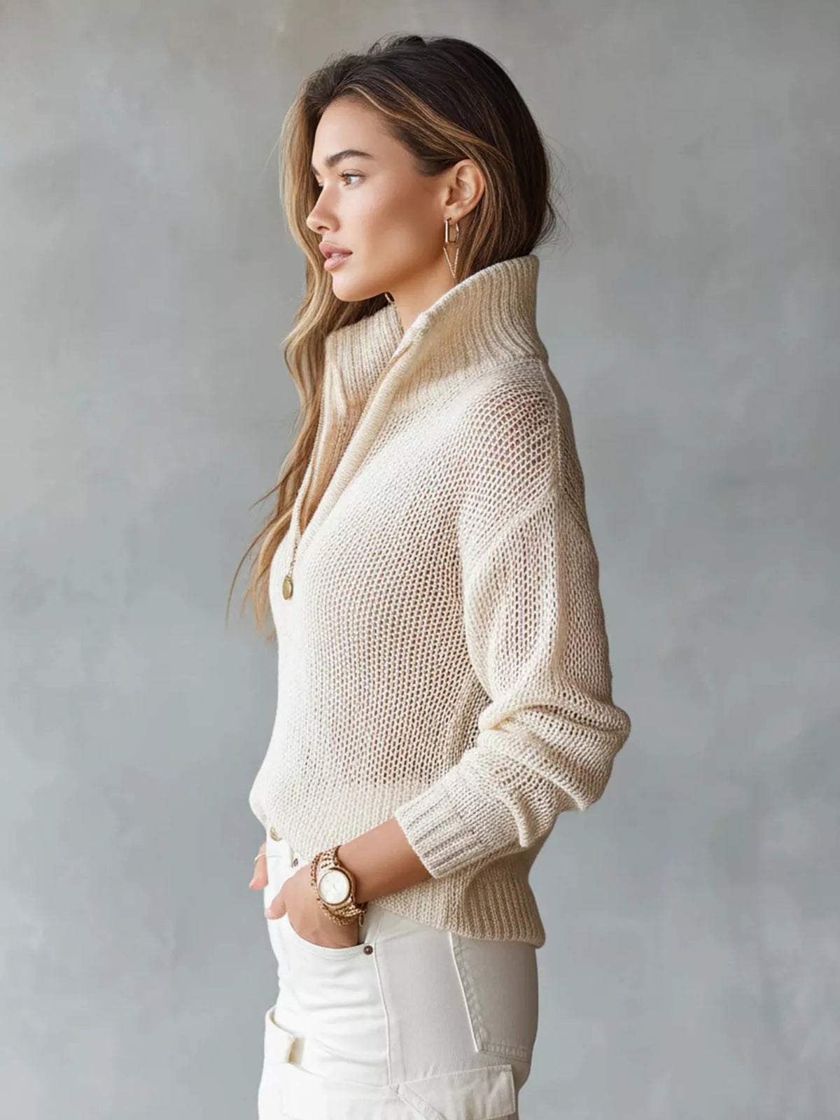 Half-Zip Dropped Shoulder Sweater in beige, side view