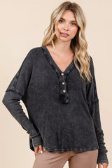 Trendsi Mittoshop Washed V-Neck Long Sleeve Blouse -