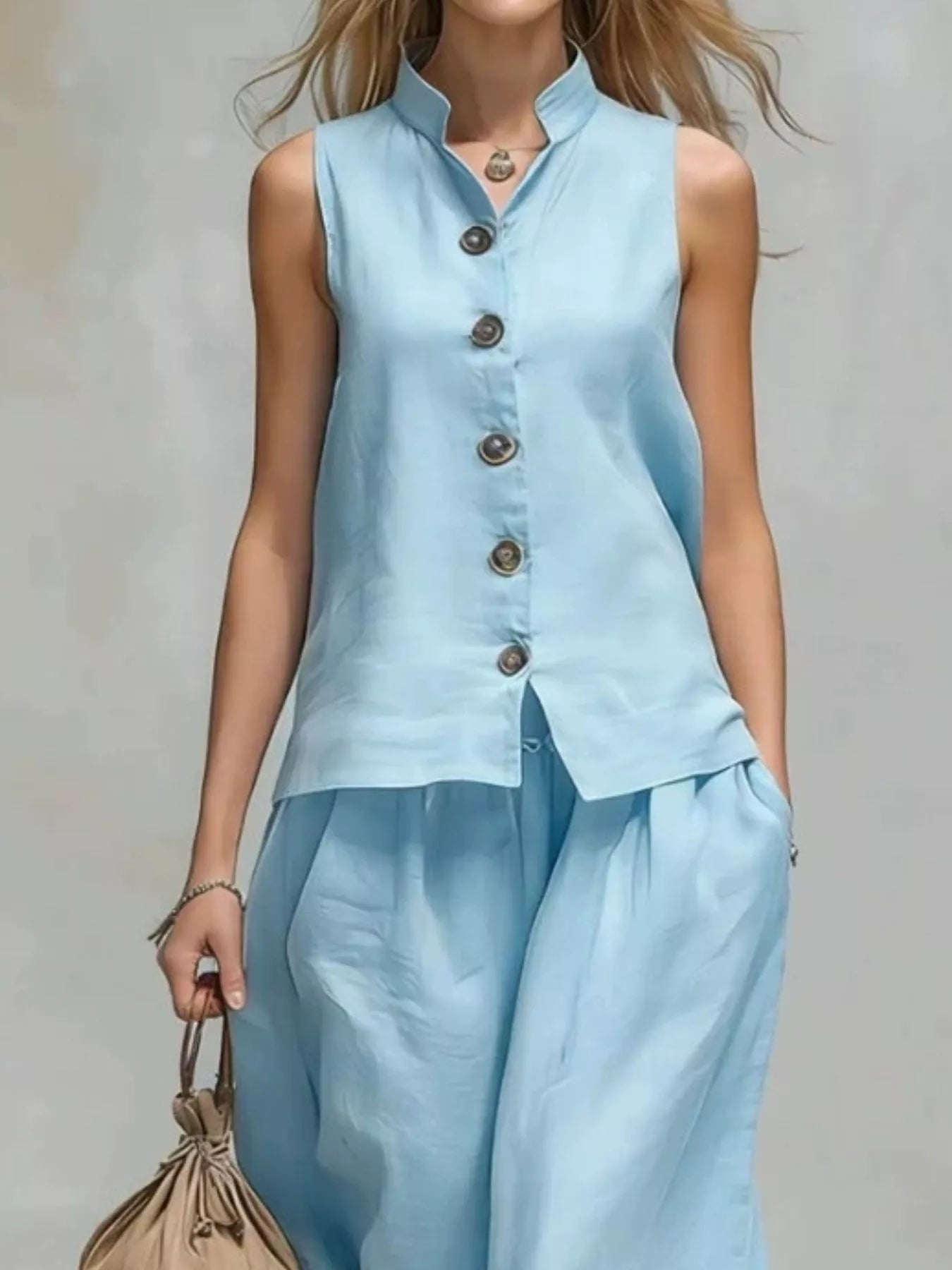 Trendsi Sleeveless Button-Down Top and Wide-Leg Pant Set -