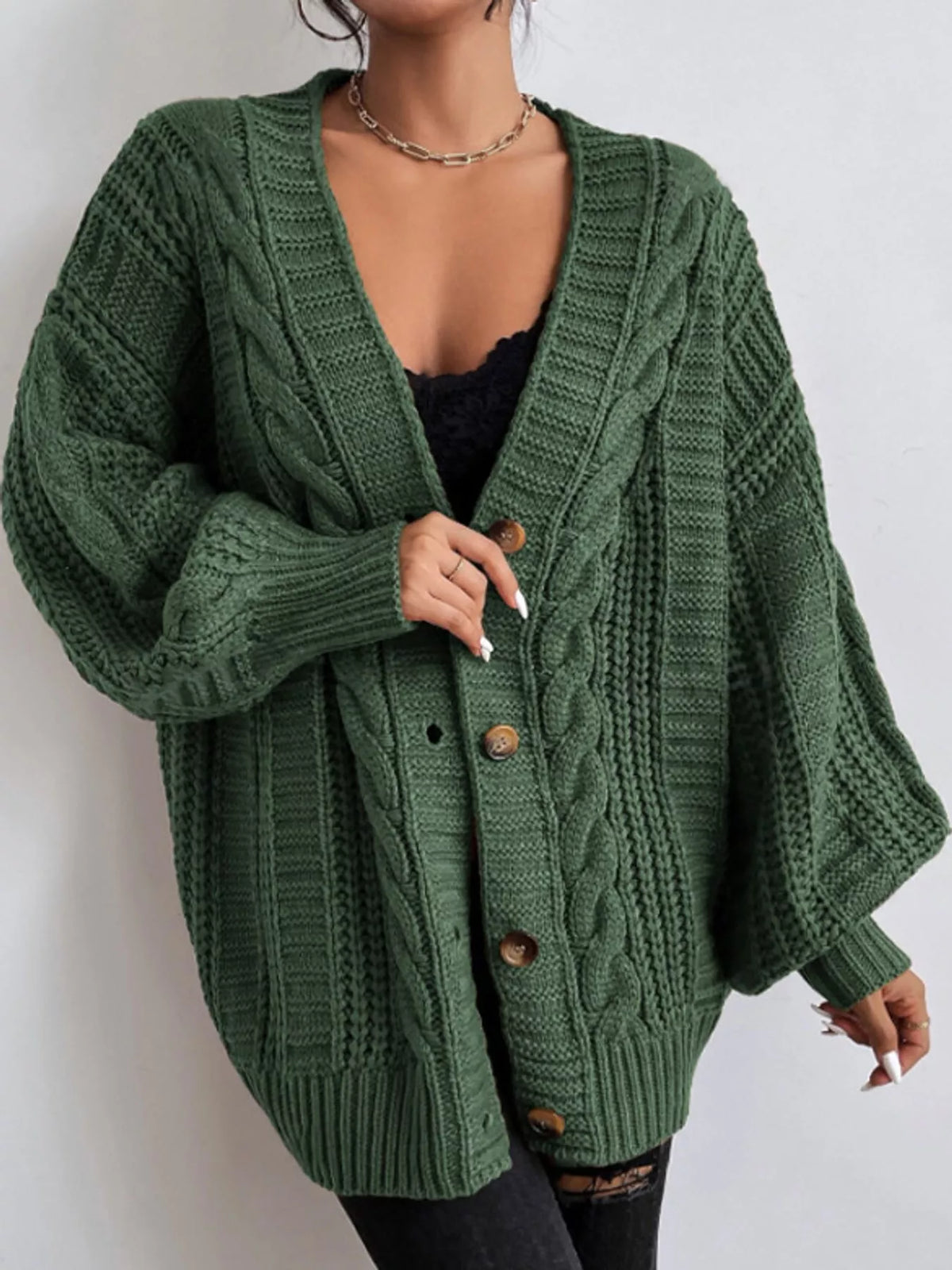 Green cable knit button-down cardigan