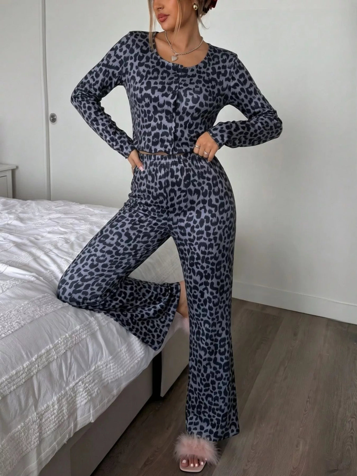 Dark Gray Leopard Print Long Sleeve Top and Pants Lounge Set front view