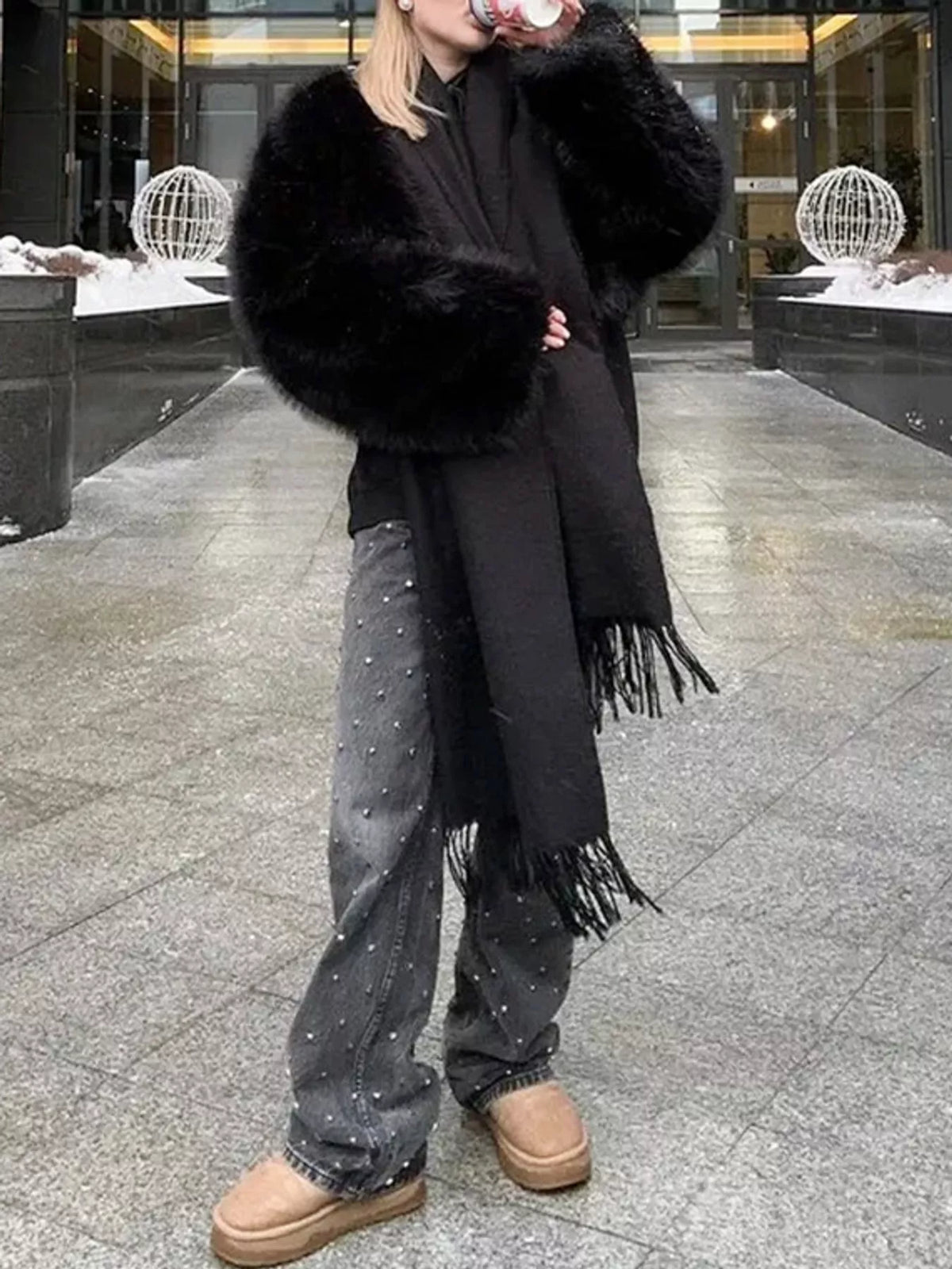 Faux Fur Cropped Coat in black
