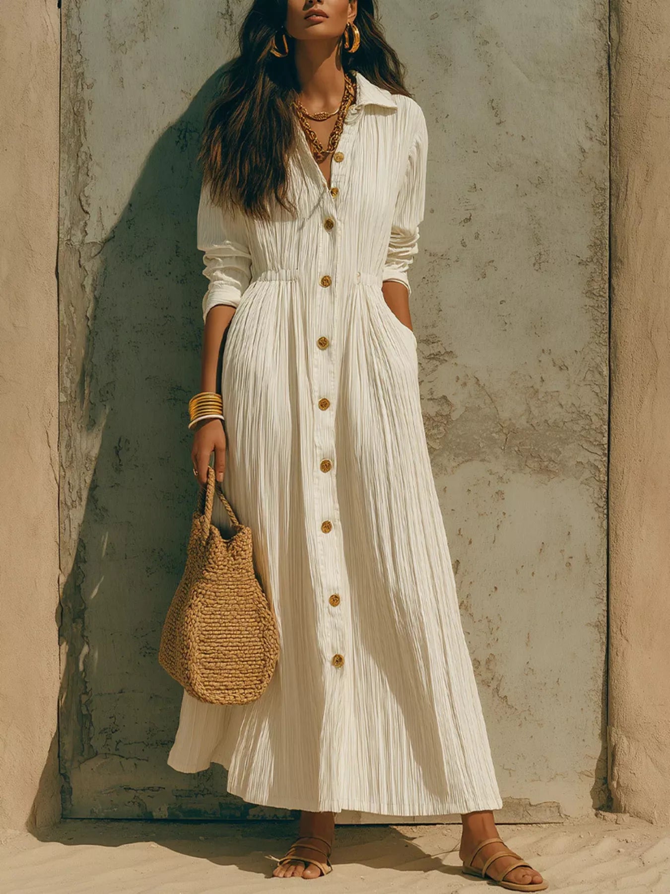 Trendsi Full Size Textured Button Down Long Sleeve Maxi Dress Plus Size -